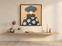 Lady in a Daisy Shirt Wall Art — Original Palette-Knife Oil, Navy & Ochre — original hand-painted oil shown on the wall in a styled room