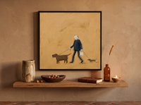 Dog Walker Wall Art — Original Palette-Knife Oil, Navy & Ochre — original hand-painted oil shown on the wall in a styled room