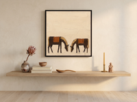 Two Grazing Horses Wall Art — Original Palette-Knife Oil, Brown & Rust — original hand-painted oil shown on the wall in a styled room