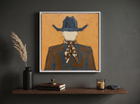 Cowboy from Behind Wall Art — Original Palette-Knife Oil, Ochre & Slate — original hand-painted oil shown on the wall in a styled room