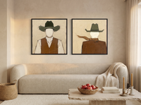 Cowboy Pair, Front & Back — Set of 2 Original Oils, Olive & Rust — original hand-painted oil shown on the wall in a styled room