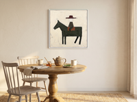 Rider on Horseback Wall Art — Original Palette-Knife Oil, Oxblood & Charcoal — original hand-painted oil shown on the wall in a styled room