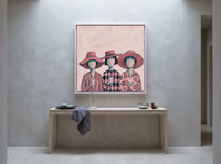 Three Women in Hats Wall Art — Original Palette-Knife Oil, Pink & Navy — original hand-painted oil shown on the wall in a styled room