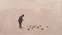 Original wide oil painting of an old man in a black bowler hat feeding rust-brown pigeons across a vast empty dusty-mauve plaza, Lowry-style with generous negative space