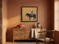 Braided Rider on Horseback Wall Art — Original Palette-Knife Oil, Slate Blue & Ochre — original hand-painted oil shown on the wall in a styled room