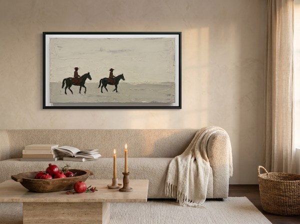 Two Riders at Dusk Wide Canvas — Original Palette-Knife Oil, Oxblood & Grey