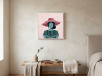 Woman in a Pink Hat Wall Art — Original Palette-Knife Oil, Rose-Pink & Emerald — original hand-painted oil shown on the wall in a styled room