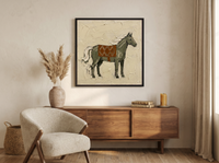 Standing Horse Wall Art — Original Palette-Knife Oil, Olive & Rust — original hand-painted oil shown on the wall in a styled room
