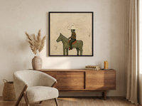 Cowboy on Horseback Wall Art — Original Palette-Knife Oil, Olive & Rust — original hand-painted oil shown on the wall in a styled room
