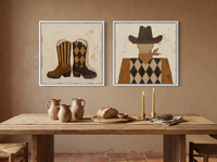 Cowboy Boots & Cowboy — Set of 2 Original Oils, Chocolate & Tan — original hand-painted oil shown on the wall in a styled room