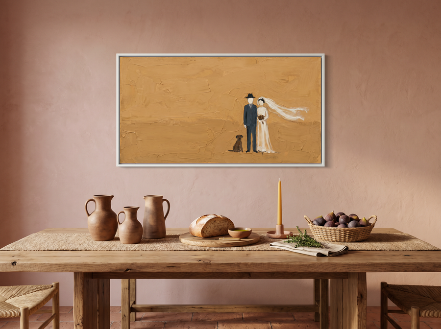 Wedding Couple & Dog Wide Wall Art — Original Palette-Knife Oil, Golden Ochre & Navy