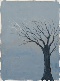 Oil painting of a windswept near-black bare tree, trunk at the lower left and branches sweeping right, a small pale-headed figure and an oxblood-red shape at its foot, on a slate blue-grey sky.