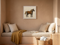 Standing Horse Wall Art — Original Palette-Knife Oil, Brown & Rust — original hand-painted oil shown on the wall in a styled room