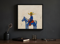Cowboy on Horseback Wall Art — Original Pop-Colour Oil, Cobalt & Yellow — original hand-painted oil shown on the wall in a styled room