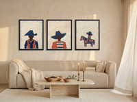 Western Family Triptych — 3 Original Oils, Indigo & Coral — original hand-painted oil shown on the wall in a styled room