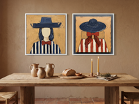 Cowgirls Turning Toward Each Other — Set of 2 Original Oils, Navy & Vermilion — original hand-painted oil shown on the wall in a styled room