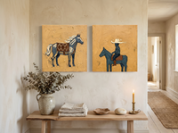 Standing Horse & Small Rider — Set of 2 Original Oils, Blue-Grey & Ochre — original hand-painted oil shown on the wall in a styled room