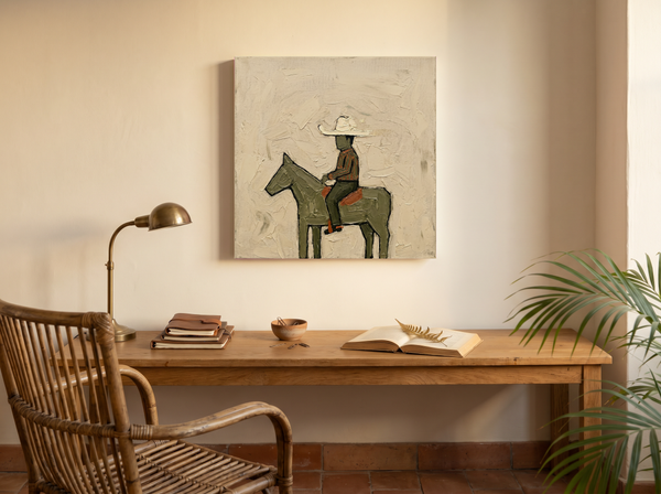 Cowboy on Horseback Wall Art — Original Palette-Knife Oil, Olive & Rust