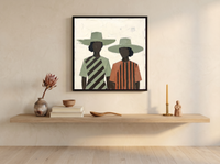 Two Women in Hats Wall Art — Original Palette-Knife Oil, Sage & Terracotta — original hand-painted oil shown on the wall in a styled room