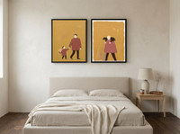 Father & Child with Shepherd — Set of 2 Original Oils, Clay-Rose & Mustard — original hand-painted oil shown on the wall in a styled room