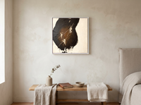 Dark Monolith Abstract Wall Art — Original Palette-Knife Oil, Black & Amber — original hand-painted oil shown on the wall in a styled room