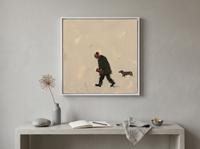 Man Walking His Dachshund Wall Art — Original Oil, Charcoal & Oxblood — original hand-painted oil shown on the wall in a styled room