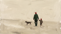 Original wide oil painting of a father and small child in dark olive coats and oxblood caps walking away with a dark dog across a cool grey ground, Lowry-style with open space