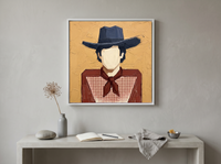 Cowboy in a Checked Shirt Wall Art — Original Palette-Knife Oil, Navy & Red — original hand-painted oil shown on the wall in a styled room