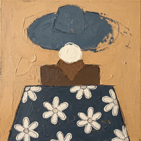 Original oil painting of a woman from behind in a wide slate-blue hat over a navy skirt scattered with cream daisies, on a golden ochre ground