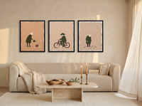 A Quiet Day Triptych — 3 Original Oils, Moss & Clay — original hand-painted oil shown on the wall in a styled room