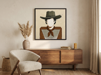 Cowboy in a Checked Shirt Wall Art — Original Palette-Knife Oil, Olive & Brown — original hand-painted oil shown on the wall in a styled room