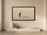 Man Feeding Pigeons Wide Wall Art — Original Oil Landscape, Dark Olive & Slate — original hand-painted oil shown on the wall in a styled room