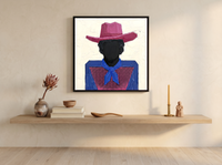 Cowboy in a Checked Shirt Wall Art — Original Palette-Knife Oil, Magenta & Cobalt — original hand-painted oil shown on the wall in a styled room