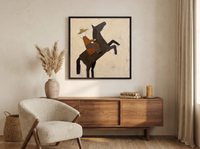 Rider on a Rearing Horse Wall Art — Original Palette-Knife Oil, Chocolate & Rust — original hand-painted oil shown on the wall in a styled room