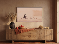 Pigeon Feeder at Dawn Wide Wall Art — Original Oil, Mauve & Rose — original hand-painted oil shown on the wall in a styled room