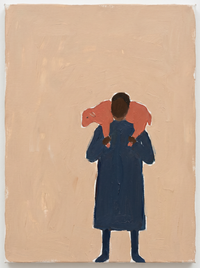 Oil painting of a father in an indigo jumper and terracotta trousers walking hand in hand with a small child in navy, a coral sprig near their feet on a cream ground.
