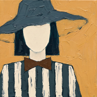 Oil painting of a faceless woman in a slate blue-grey floppy hat with a cream face, brown bow and slate-and-cream striped body, on a golden ochre ground.