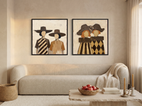 Women in Wide-Brim Hats — Set of 2 Original Oils, Chocolate & Tan — original hand-painted oil shown on the wall in a styled room