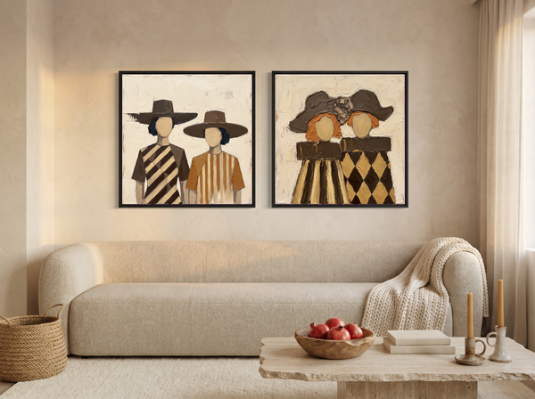 Women in Wide-Brim Hats — Set of 2 Original Oils, Chocolate & Tan