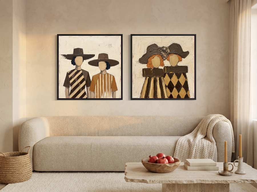 Women in Wide-Brim Hats — Set of 2 Original Oils, Chocolate & Tan