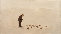 Original wide oil painting of an old man in a chocolate-brown coat feeding tan and rust pigeons on a vast empty cream plaza, Lowry-style with generous negative space
