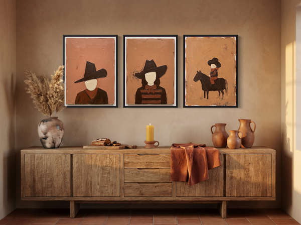 Western Family Triptych — 3 Original Oils, Espresso & Terracotta