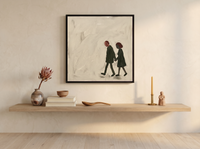 Couple Walking Hand in Hand Wall Art — Original Oil, Charcoal & Oxblood — original hand-painted oil shown on the wall in a styled room