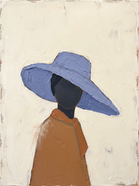 Oil painting of a woman in a periwinkle wide-brim hat with a pale blank face and a terracotta-rust top, on a cream ground.