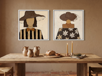 Hatted Woman, Front and Back — Set of 2 Original Oils, Chocolate & Cream — original hand-painted oil shown on the wall in a styled room