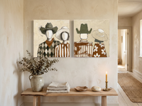Cowboy & Cowgirl, Front & Back — Set of 2 Original Oils, Olive & Sienna — original hand-painted oil shown on the wall in a styled room