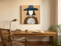 Woman with a Bouquet Wall Art — Original Palette-Knife Oil, Ochre & Navy — original hand-painted oil shown on the wall in a styled room