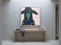 Lady in a Slate Hat Wall Art — Original Palette-Knife Oil, Emerald & Blush — original hand-painted oil shown on the wall in a styled room