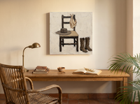 Cowboy Chair Still Life Wall Art — Original Palette-Knife Oil, Brown & Cream — original hand-painted oil shown on the wall in a styled room