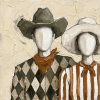 Original oil painting of a faceless cowboy in an olive hat and harlequin shirt beside a cowgirl in a cream hat and rust stripes, on a cream ground